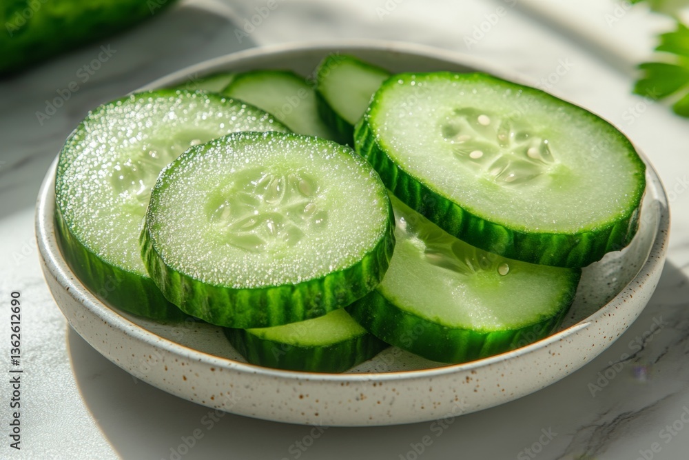 Poster freshly sliced cucumber on a plate with natural lighting in a kitchen setting during daylight hours