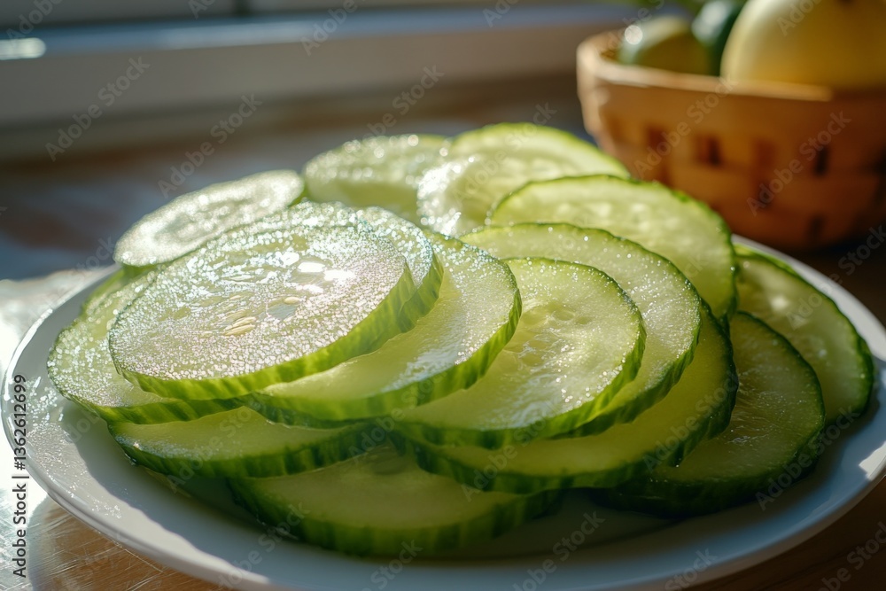 Poster Freshly sliced cucumbers on a white plate with a basket of lemon and lime in the background during afternoon sunlight