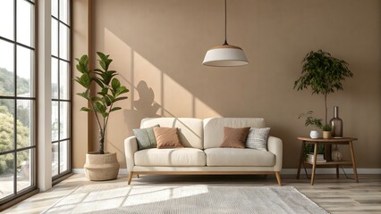 Interior design, minimalist living room, beige sofa, wooden legs,pillows, Wood Accents