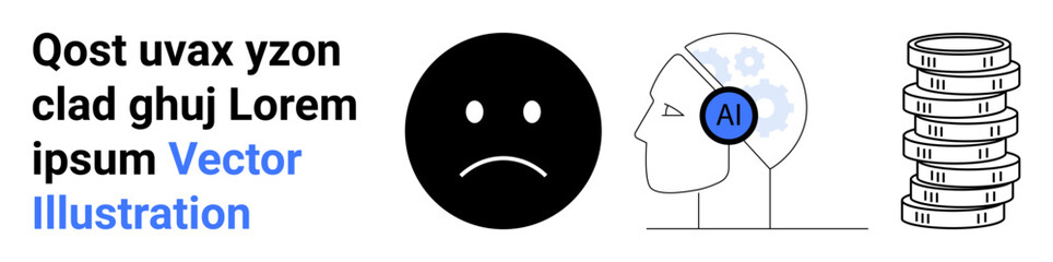 Sad face icon, profile view of AI-labeled headset with gears in head, and stacked coins emphasizing technology, artificial intelligence, economy, decision-making, progress, emotions, innovation