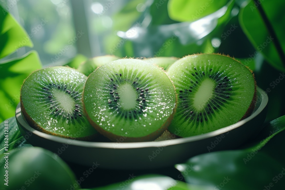 Poster freshly sliced kiwi fruits arranged on a plate surrounded by lush green leaves in a serene natural s