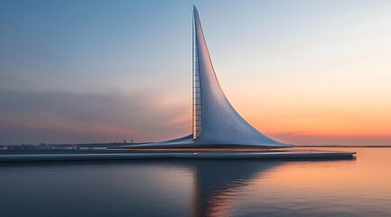 Obraz premium Minimalist white architecture, minimalist blue sky, a minimalist floating platform on the water surface