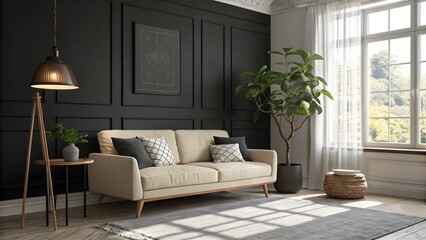 Interior design, minimalist living room, beige sofa, wooden legs,pillows, Wood Accents