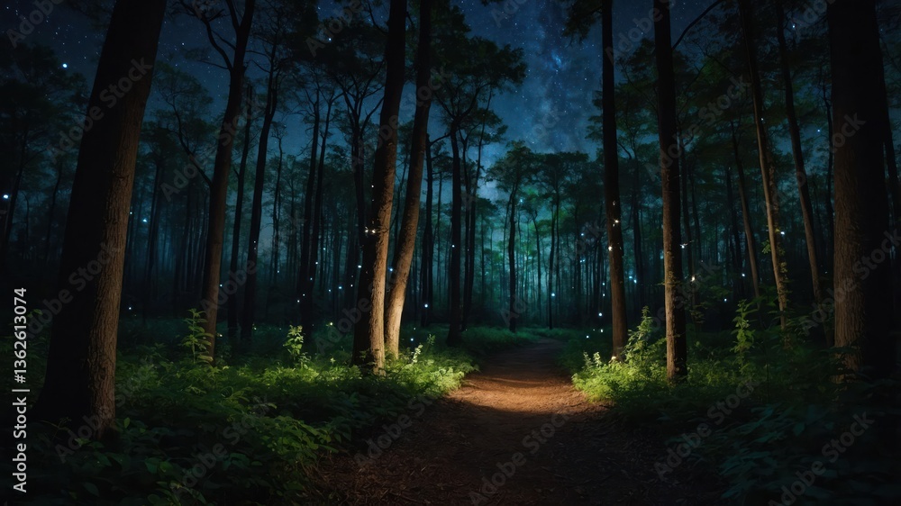 Poster a serene forest path illuminated by soft light, creating a mystical atmosphere at night.
