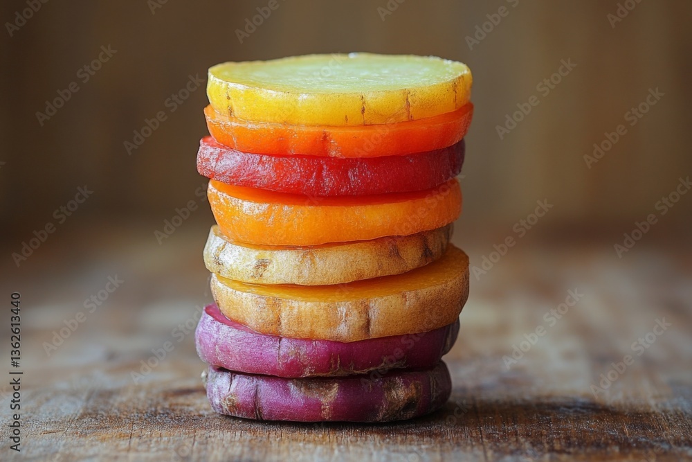 Poster colorful layers of sliced root vegetables stacked on a wooden surface in a kitchen setting