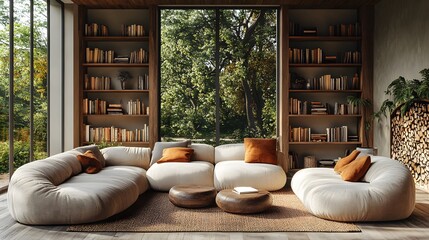 Modern farmhouse-style living room with a rustic wooden bookshelf warm inviting decor 3D rendering illustration
