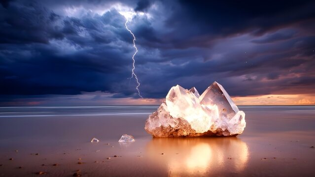 A large crystal formation on a beach under a stormy sky, with lightning striking in the background and the ocean reflecting light. Concept Crystal Beach Formation, Stormy Sky, Lightning Strikes