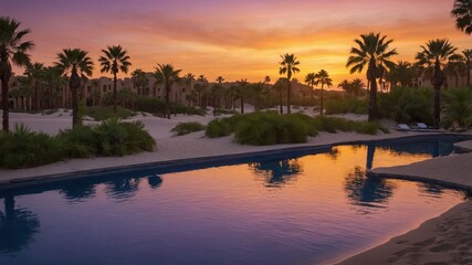 Obraz premium Serene sunset over a tranquil pool surrounded by palm trees and desert landscape.