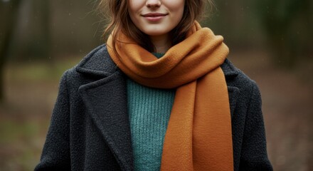 Woman wearing stylish scarf in a forest setting during fall 