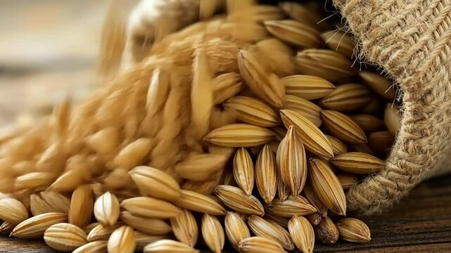 Spilled grains of barley from a burlap sack on rustic wooden surface in a close-up view during daylight
