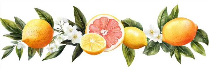Set of three isolated compositions featuring lemons and grapefruits with floral accents among fresh green leaves