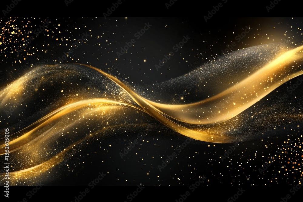 Poster Golden wave of light and sparkles creates an elegant abstract design on a dark background