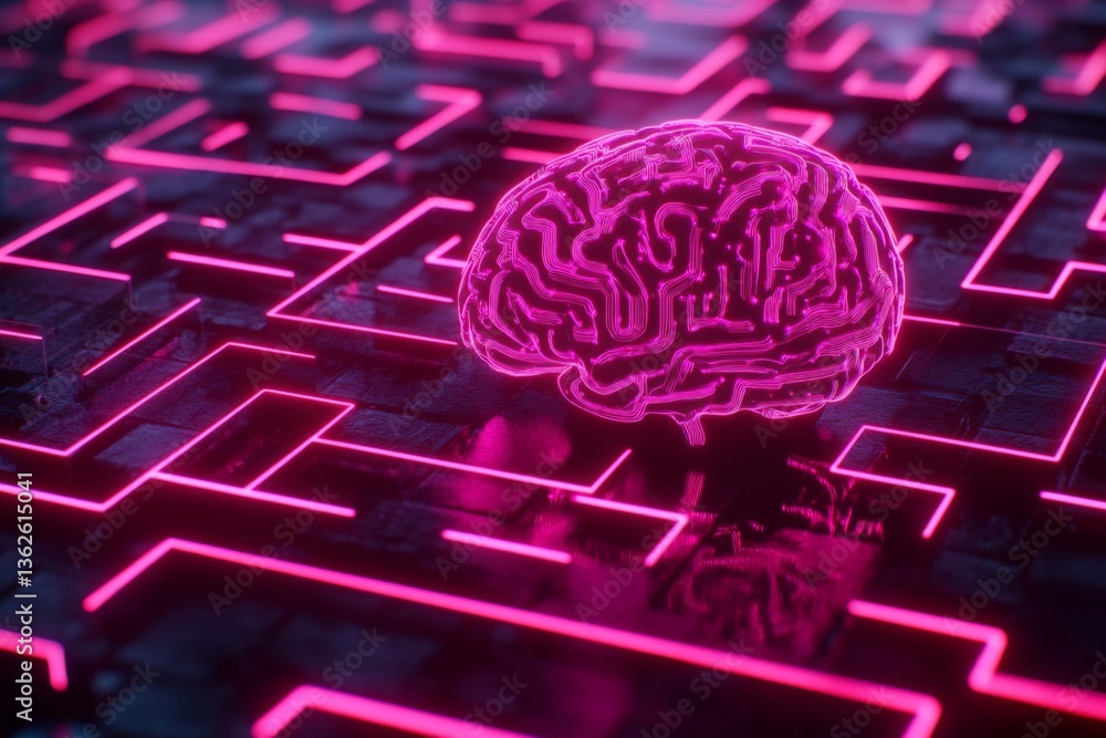 Aufkleber Neon brain navigating a complex maze design, showcasing technology and creativity