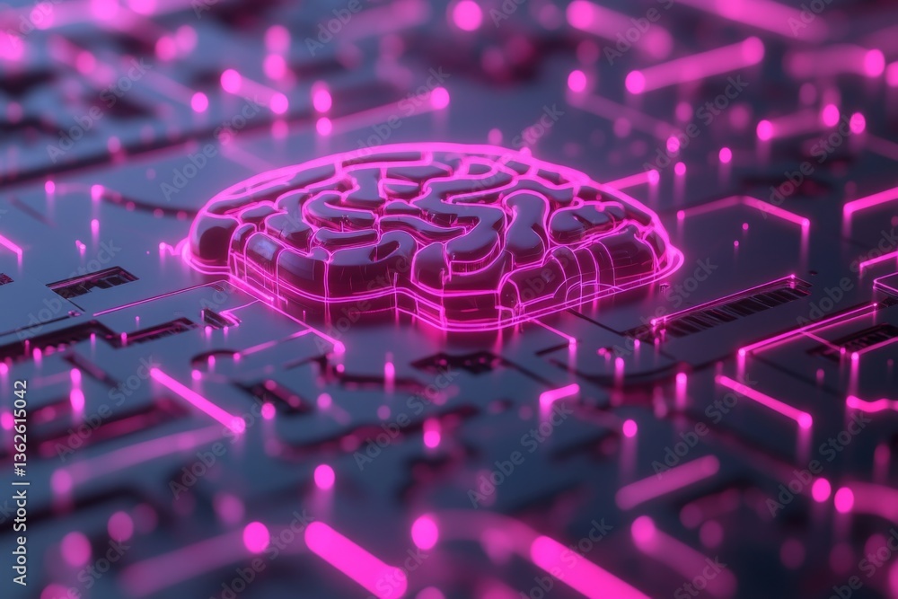 Poster Digital abstract representation of a glowing brain on a circuit board highlighting AI technology and innovation