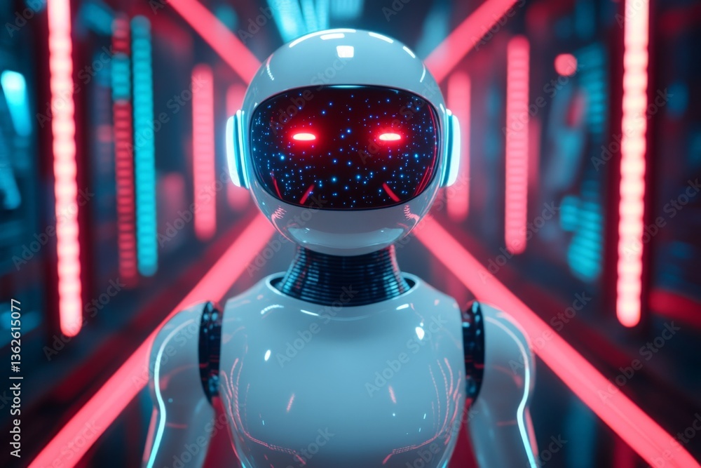 Poster futuristic robot stands in a neon-lit corridor with glowing lights at night