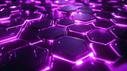 A high-tech digital background featuring interconnected hexagonal shapes illuminated by vibrant neon purple lights, with sleek metallic surfaces reflecting cinematic lighting