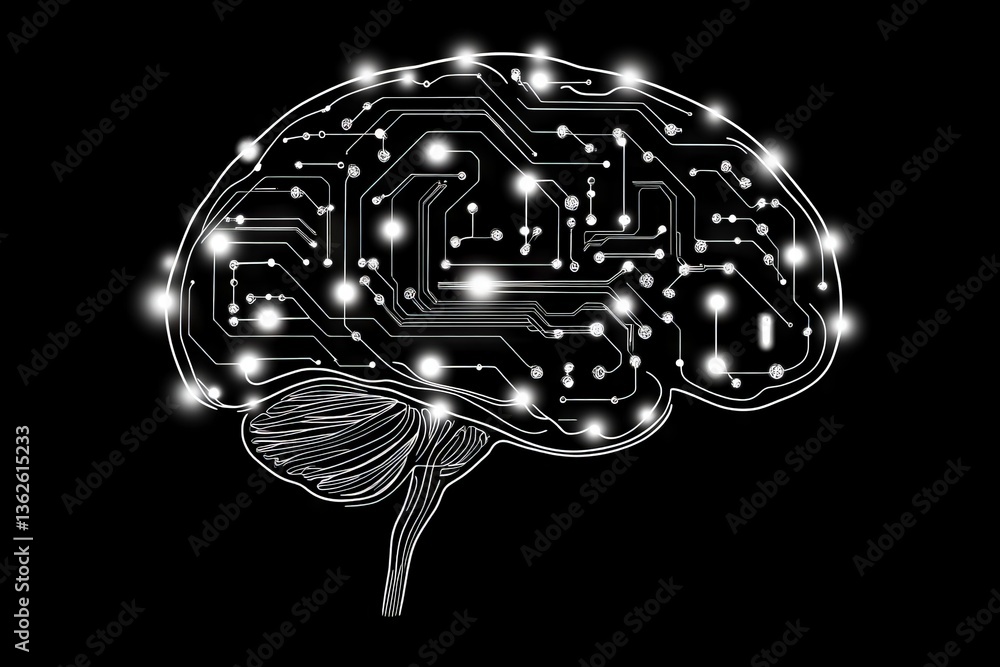 Poster Neural patterns illuminated on a brain silhouette representing technology and cognition in a dark background