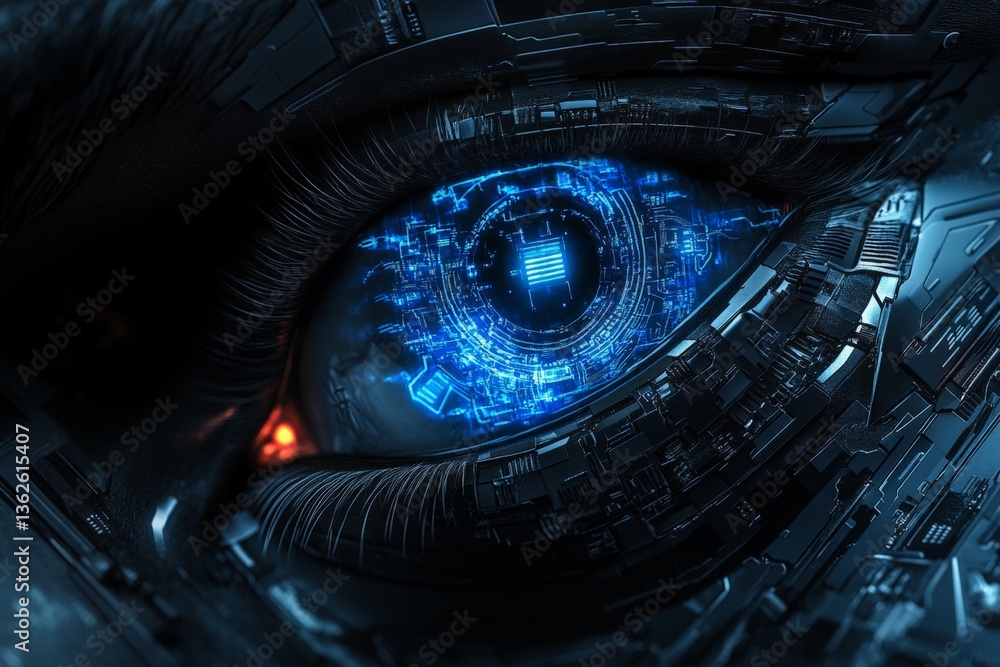 Aufkleber futuristic cybernetic eye with intricate digital circuitry and vibrant blue light enhancing technolo