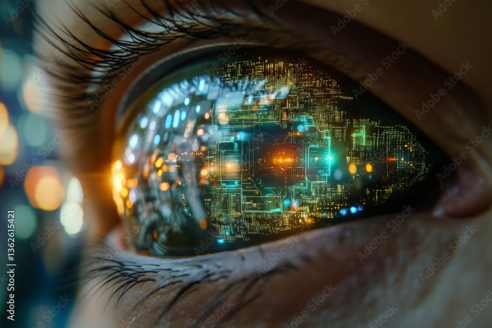 Aufkleber close-up of an eye reflecting intricate digital circuitry and glowing lights at dawn