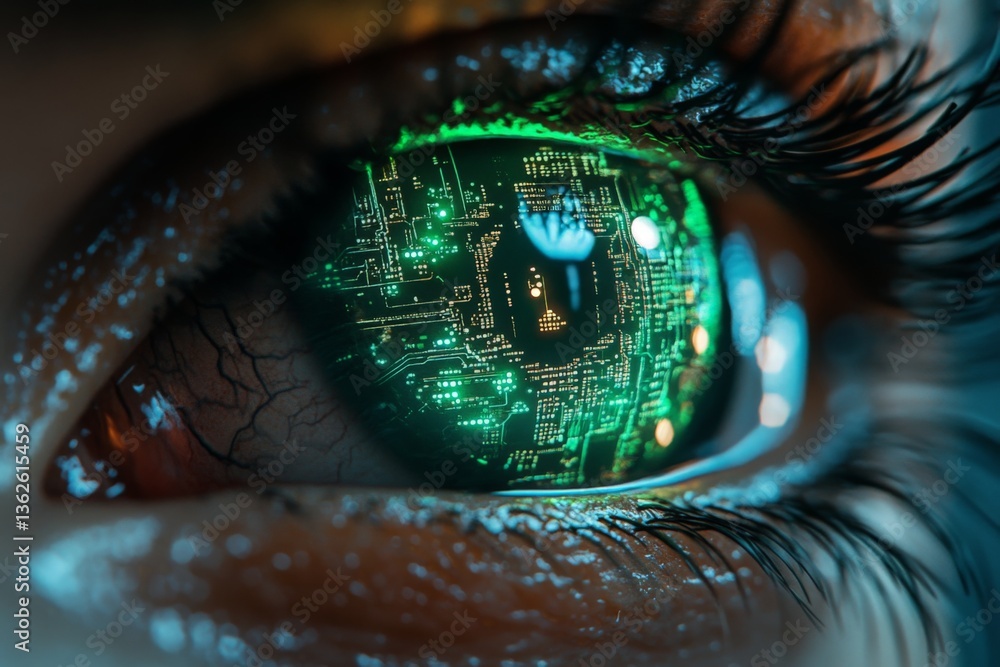 Poster futuristic close-up of a human eye reflecting a digital cityscape with intricate circuitry at nightt