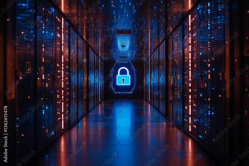 Poster modern data center corridor showcasing advanced technology and security features during nighttime