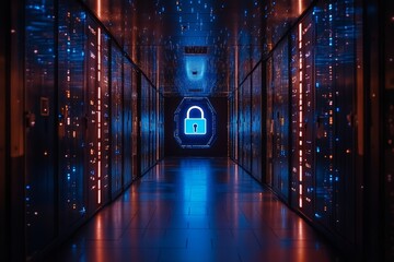 Fototapeta premium Modern data center corridor showcasing advanced technology and security features during nighttime