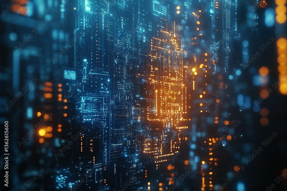Poster abstract depiction of vibrant digital circuit board illuminated with blue and orange lights in a fut
