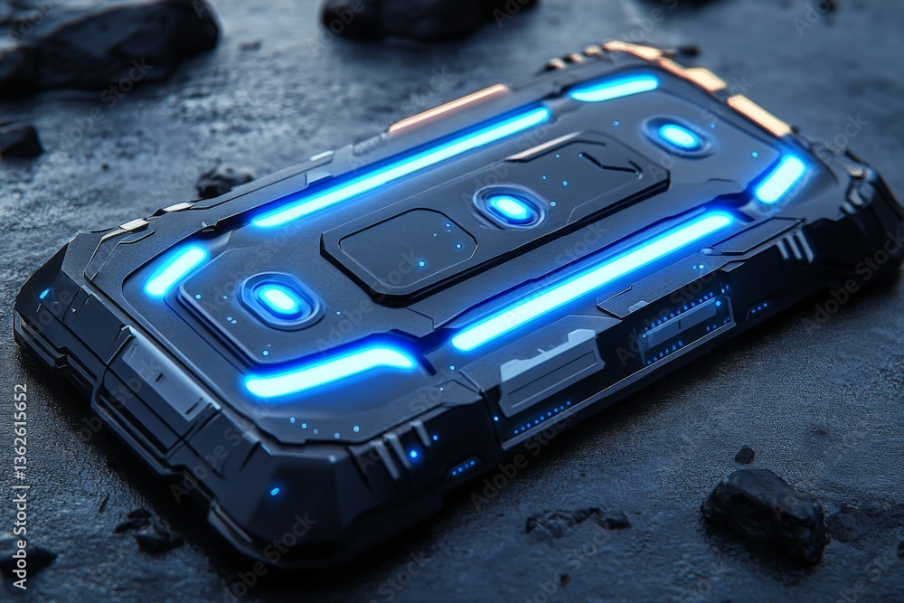 Poster futuristic device with glowing lights rests on a rocky surface, showcasing sleek design and technolo