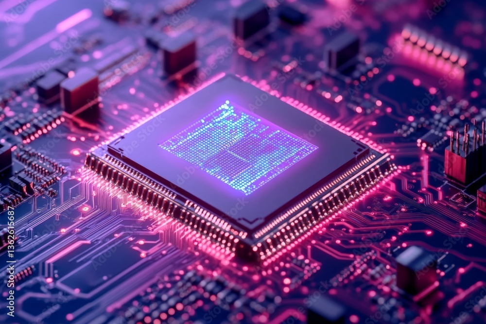 Poster colorful microchip illuminated in pink and purple hues on a circuit board