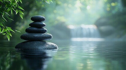 Obraz premium Zen Balance: Serene Stone Cairn Reflecting Harmony in Tranquil Waterscape