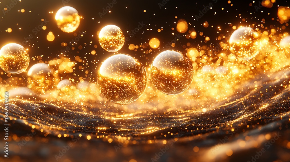 Poster glowing golden orbs float amidst a sparkling abstract illuminated background