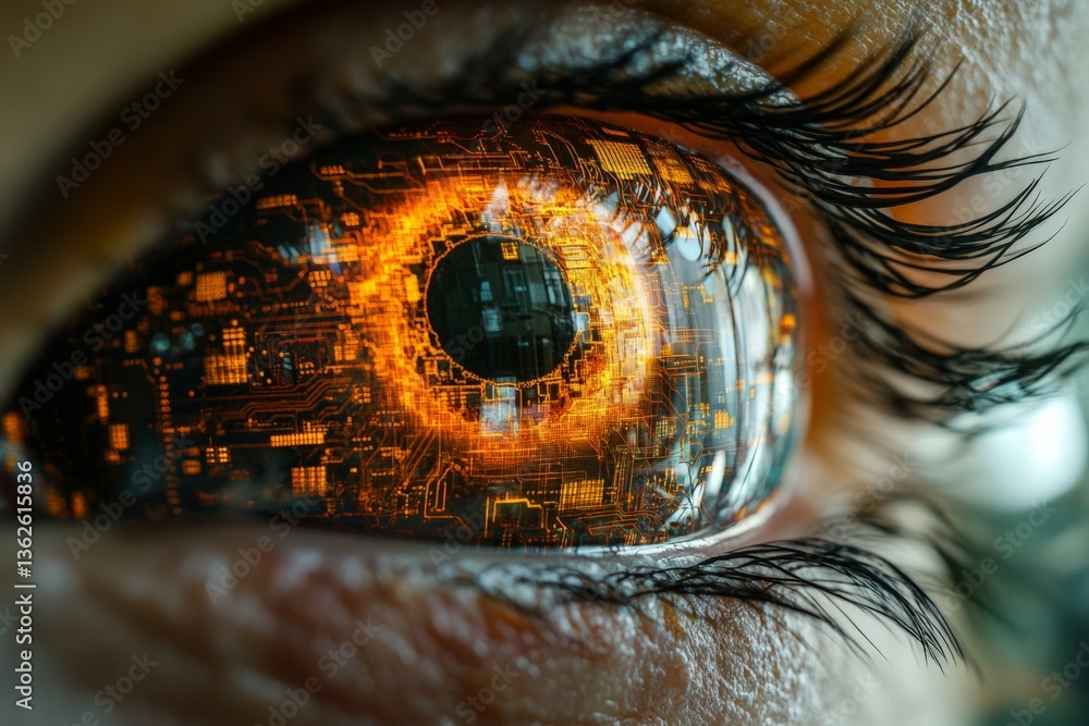 Poster Eye reflecting digital circuitry with glowing orange highlights in futuristic visualization
