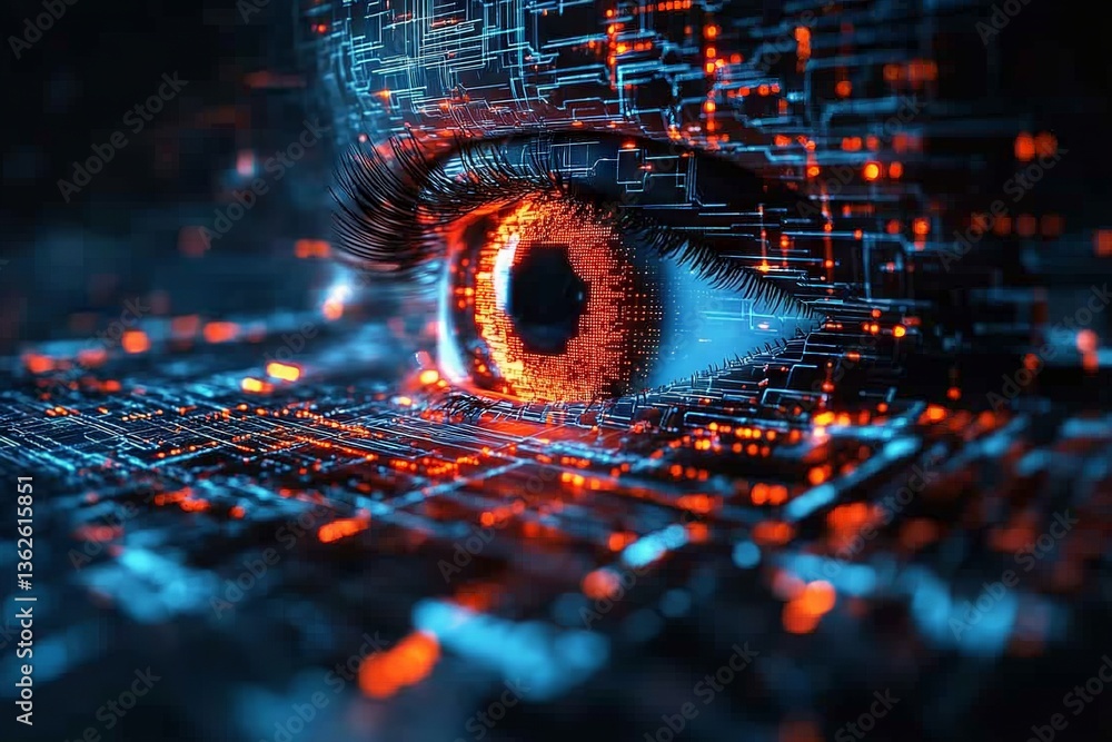Poster Eye with digital circuits and glowing neural network patterns conveying advanced technology and innovation concepts