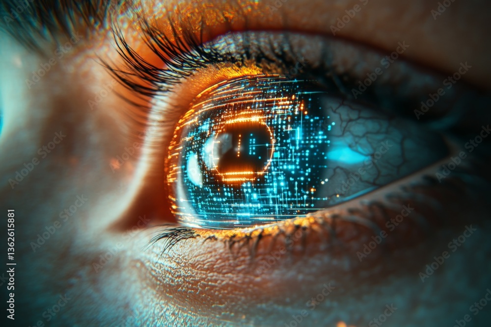 Aufkleber Close-up view of a human eye with digital technology elements reflecting on the iris during a futuristic concept event in a tech hub