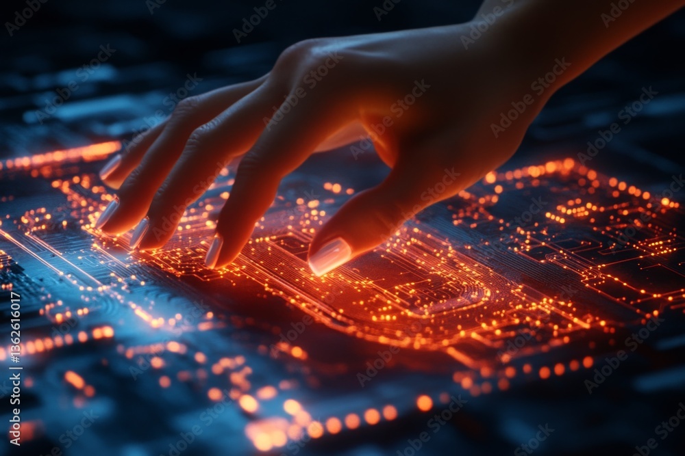 Aufkleber Glowing circuits illuminated by touch in a futuristic technology setting