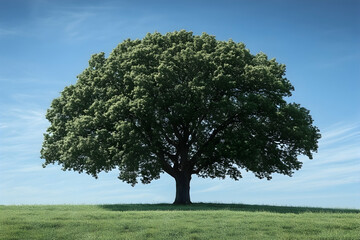 Fototapeta premium Majestic tree stands tall on green hill under a clear blue sky