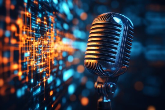 Vintage microphone stands against a vibrant digital backdrop with blue and orange lights illuminating the background