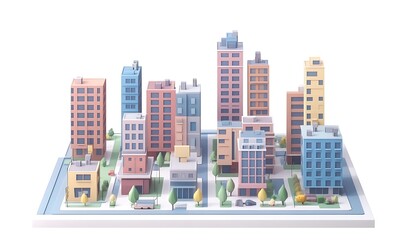 3D city skyline, buildings on a white background