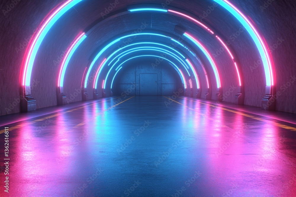 Poster neon-lit tunnel with vibrant reflections captured in an underground setting during dusk