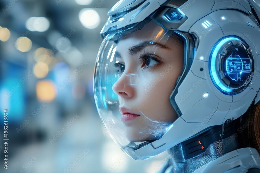 Aufkleber futuristic astronaut with advanced helmet technology in a modern space station environment