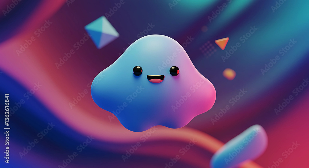 Poster cute blob character with geometric shapes in background