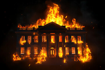 A grand historical building engulfed in flames, with dramatic fire and smoke effects at night