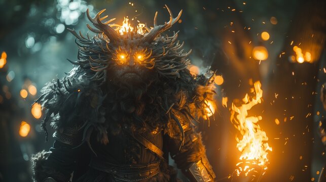 Mandragora with glowing orange eyes and sharp horns, surrounded by flickering flames and embers