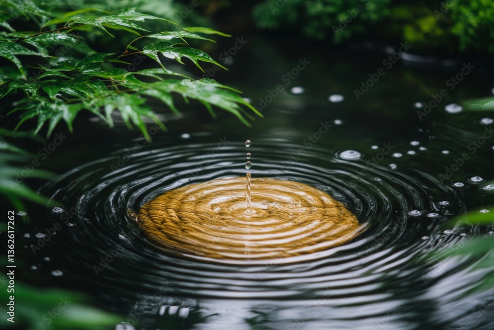 Aufkleber water drop creates ripples on serene surface of wooden disk in tranquil garden setting