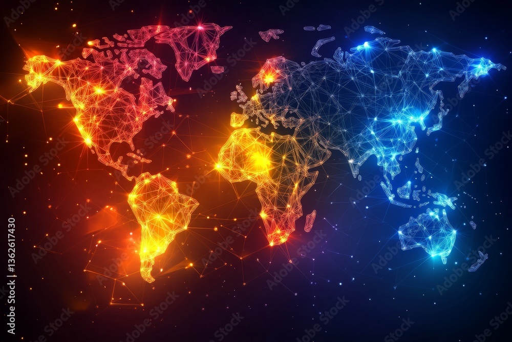 Poster colorful digital map of the world illustrating global connections through light and technology