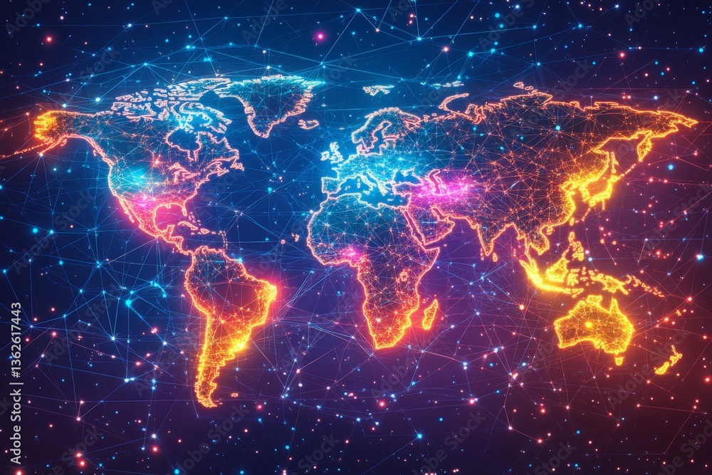 Fototapete colorful digital world map with glowing connections and networks representing global communication a