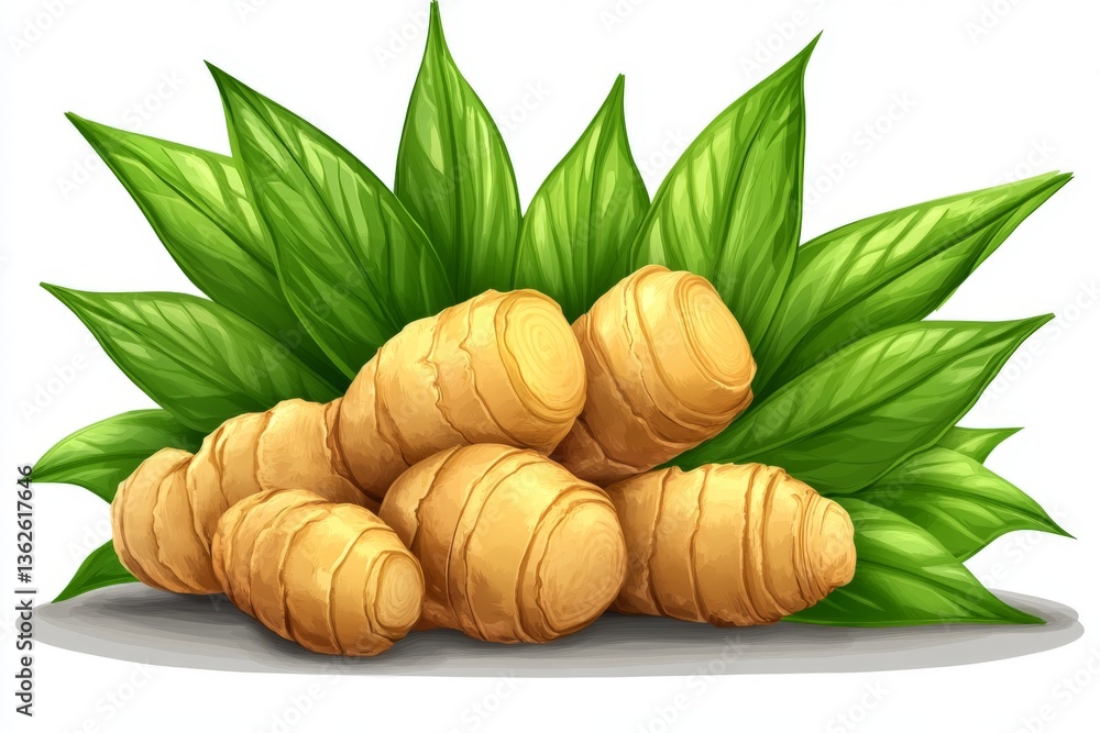 Leinwandbilder fresh ginger root displayed with vibrant green leaves on a smooth surface in a natural setting