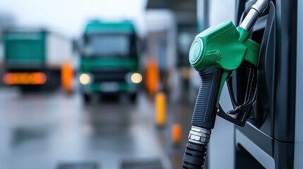 A close-up view of a green fuel nozzle at a gas station, with trucks visible in the background. The image conveys themes of transportation, fuel, and the logistics industry.