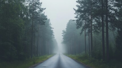 Obraz premium A lonely country road flanked by tall trees, disappearing into a thick layer of mist