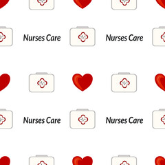 A Vector repeating pattern featuring medical symbols, including a first aid kit and heart icons, along with the text Nurses Care